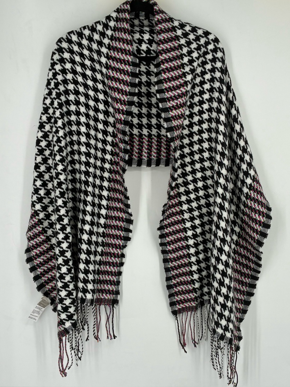 Chicos Houndstooth Fringe Shawl Scarf Cover Black White Colorful Lagenlook